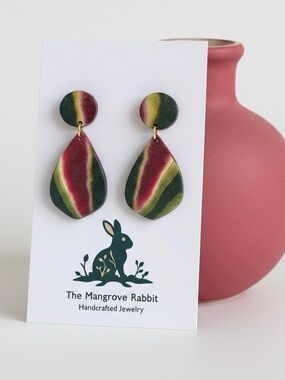 Crimson Ecru Green Swirl Large Handmade Polymer Clay Dangle Earrings w SS Posts